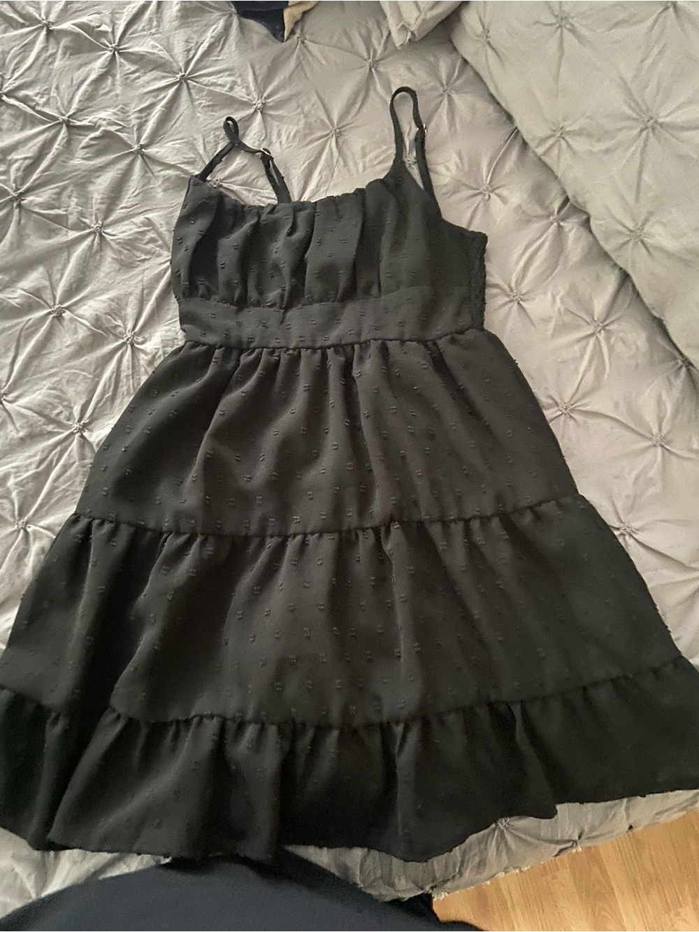 Black Swiss Dot Tiered Spaghetti Strap Dress